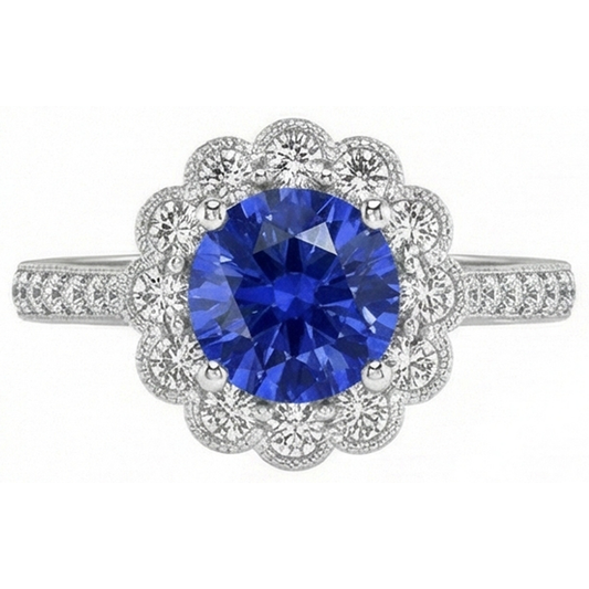 Womens Halo Flower Style Blue Sapphire Ring 3 Carats Cathedral Setting