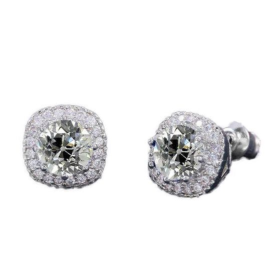 Women's Halo Natural Earth Mined Diamond Stud Earrings Round Old Cut 5.50 Carats Gold 14K