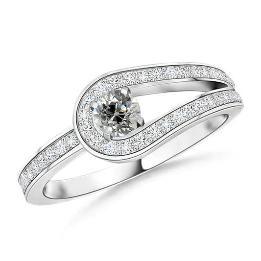 Women's Round Old Cut Natural Diamond Ring 2 Carats White Gold Split Shank