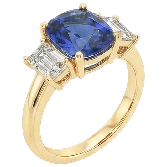 Yellow Gold 3 Stone Ring Cushion Ceylon Color Sapphire & IGI CERTIFIED Diamonds 9 Carats