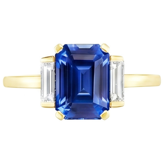 Yellow Gold Emerald Gemstone Ring Baguette Natural Earth Mined Diamonds 5 Carats 3 Stone