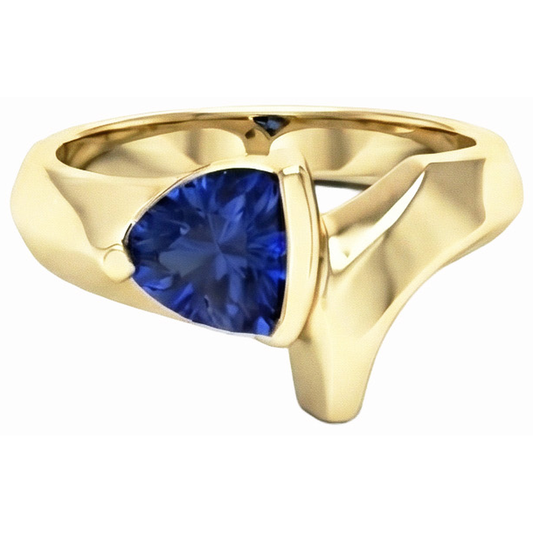 Yellow Gold Gemstone Ring Trillion Shaped Ceylon Sapphire 1 Carat