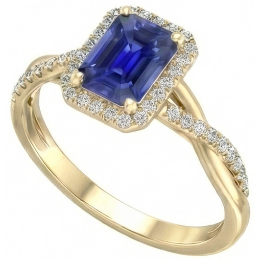 Yellow Gold Halo Ring Emerald Shaped Sri Lankan Sapphire 3 Carats