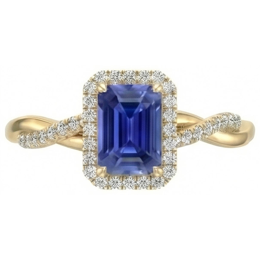 Yellow Gold Halo Ring Emerald Shaped Sri Lankan Sapphire 3 Carats