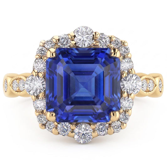 Yellow Gold Halo Ring Flower Style Asscher Blue Sapphire 4.50 Carats