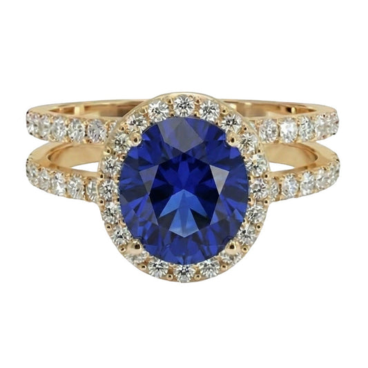 Yellow Gold IGI CERTIFIED Diamond Engagement Ring Set Oval Ceylon Color Sapphire Jewelry