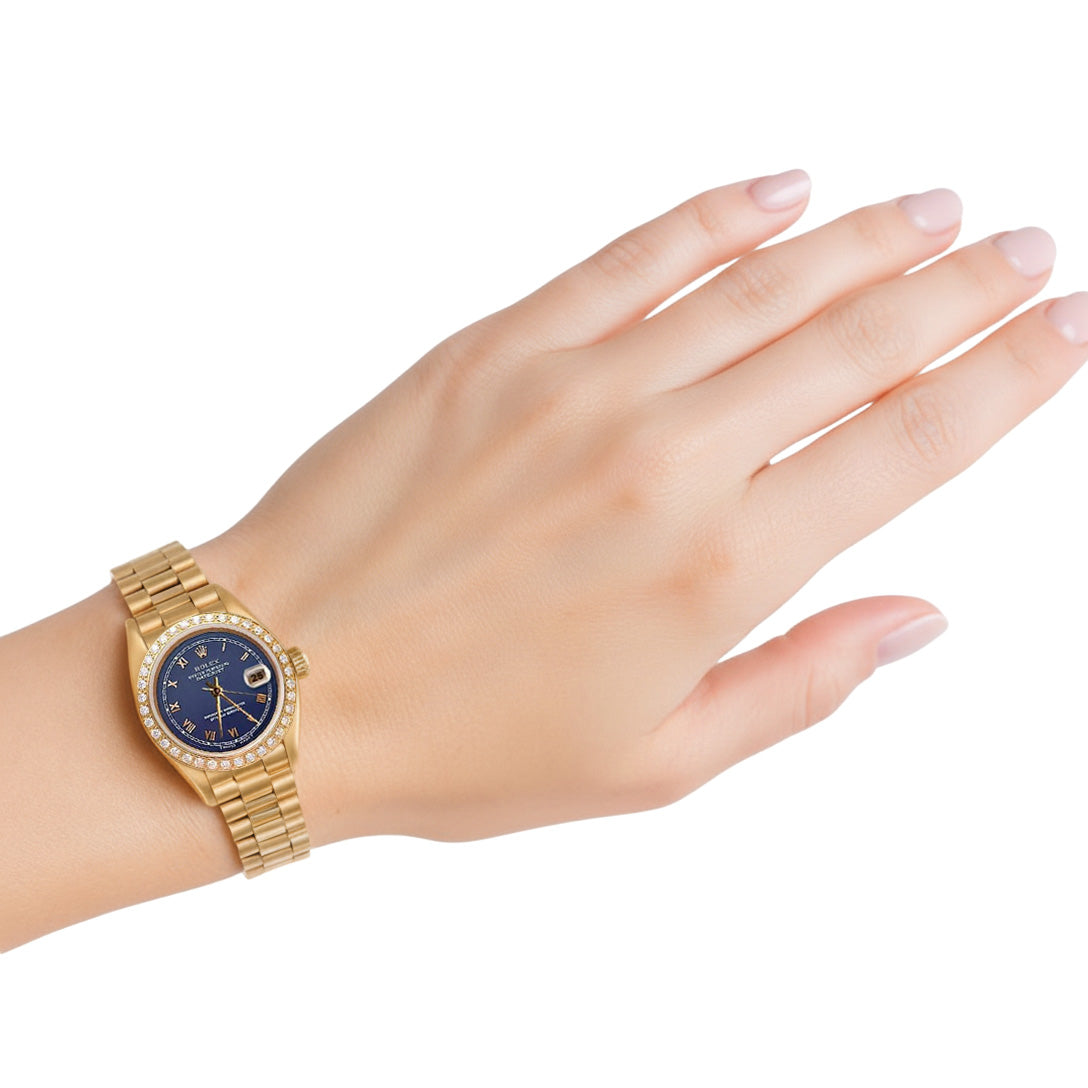 Yg Presidential Style Rolex Women Watch Date Just Blue Roman Dial P2