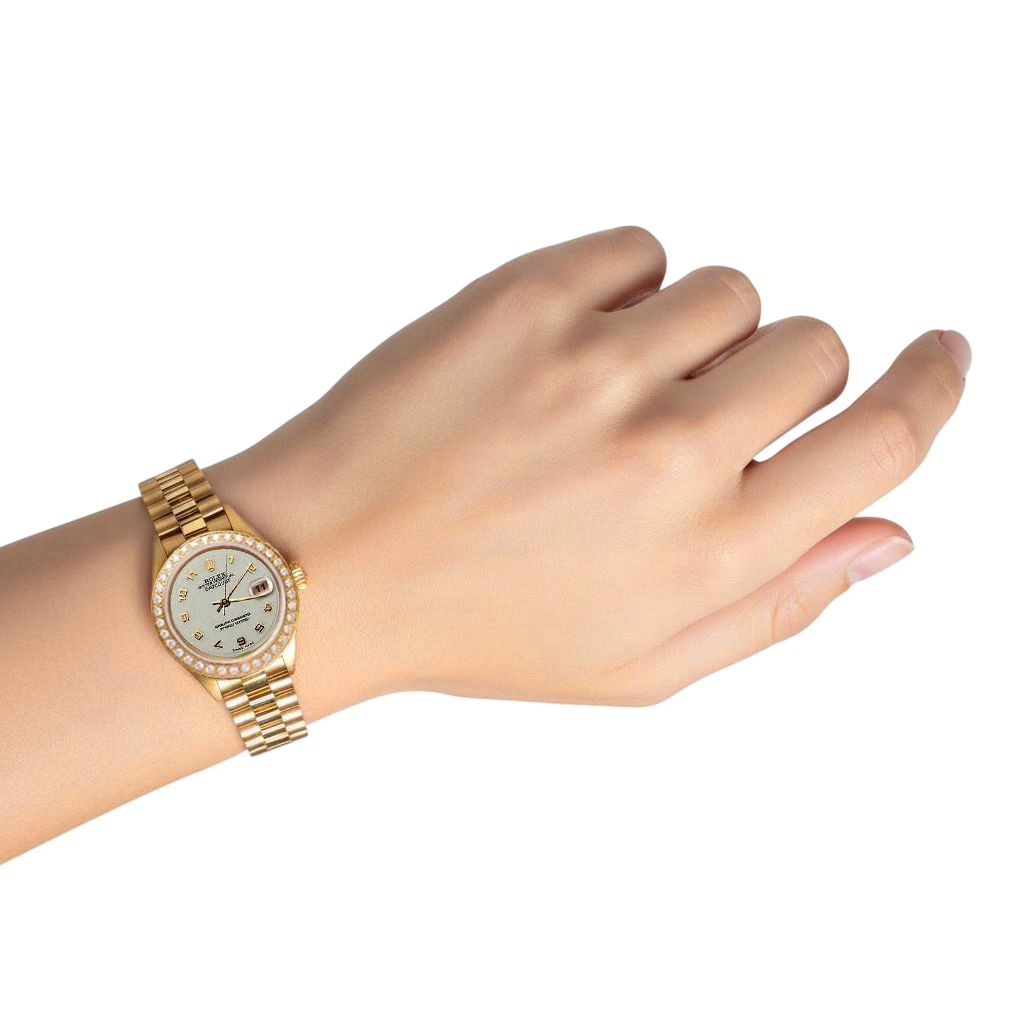 Yg Rolex Datejust President Style Watch Natural Earth Mined Diamond Bezel Arabic Dial P2