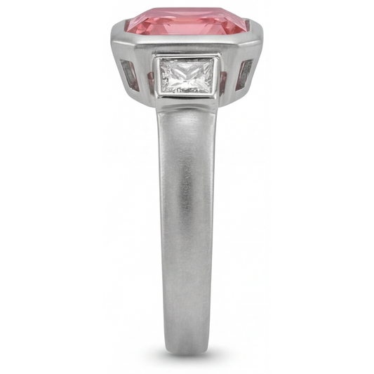 Peach Sapphire Engagement Ring 2.9 Carat Natural Asscher Padparadscha and White Baguette Bezel Three Stone 14K Gold