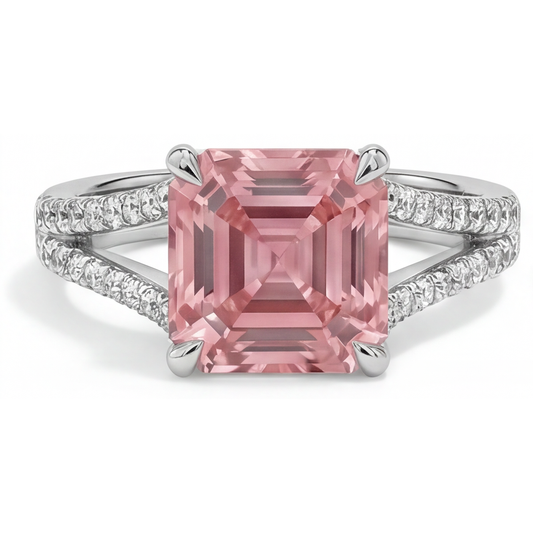 Peach Sapphire 3.8 Carat Natural Asscher Padparadscha Pave Ring 14K White Gold