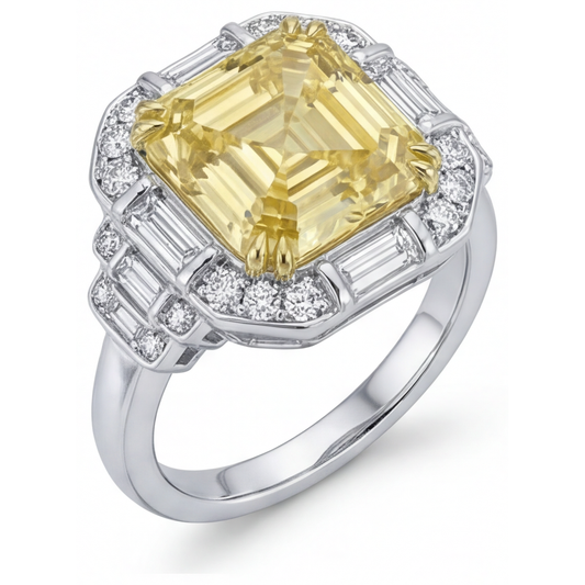Halo Engagement Ring 14K Two Tone Gold with Canary Yellow Diamond – front view