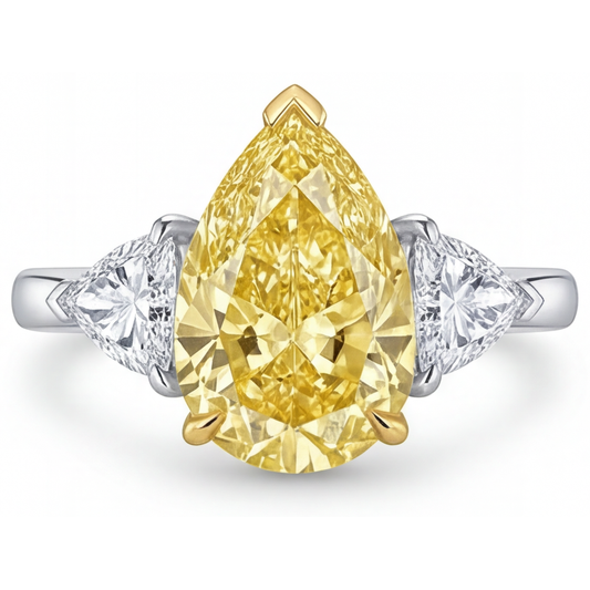 Canary Yellow Diamond Pear Shape Three Stone Ring in 14K Two Tone Gold – main view