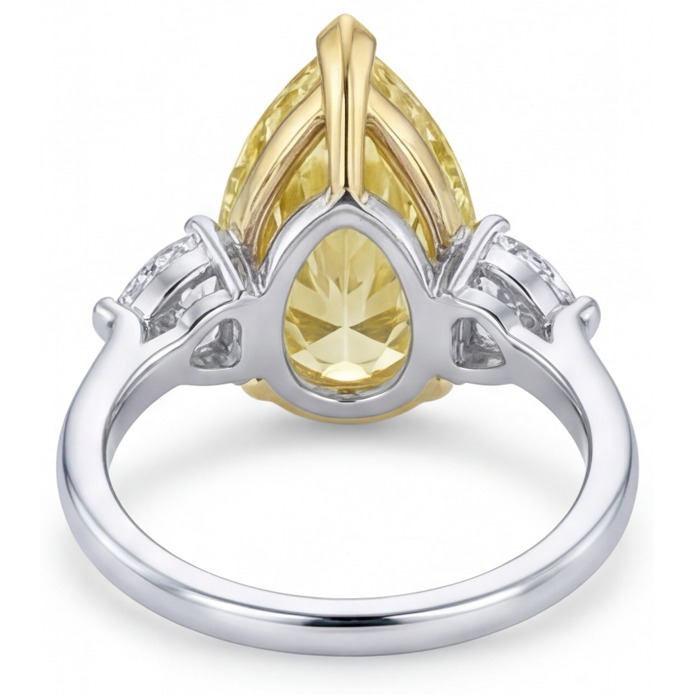 Canary Yellow Diamond Pear Shape Trilogy Ring in 14K Two Tone Gold – back view