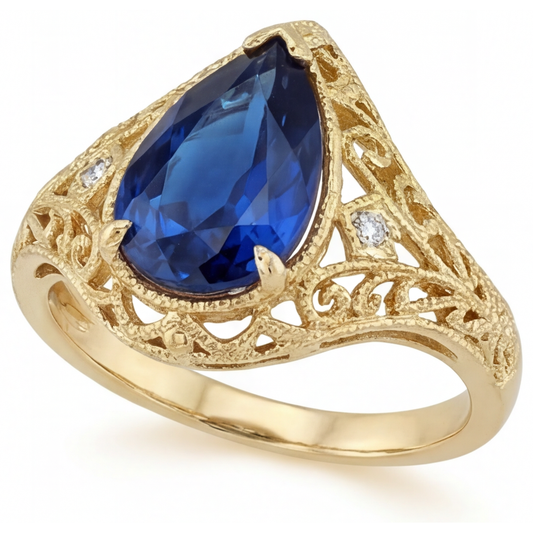 Cornflower Blue Sapphire Pear Cut Precious Stone Ring in 14K Yellow Gold – front view