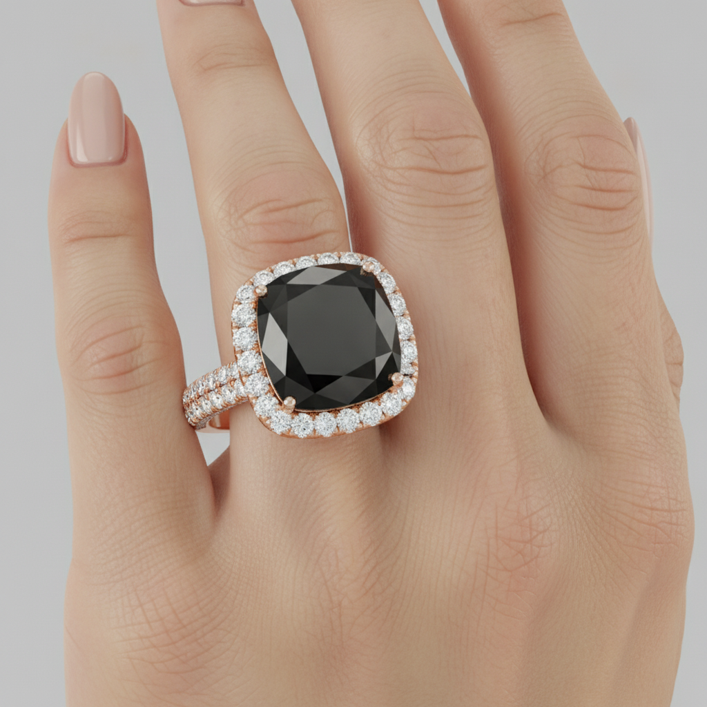 Black Diamond Engagement Ring 7.2 Carat Real Cushion Halo 14K Rose Gold