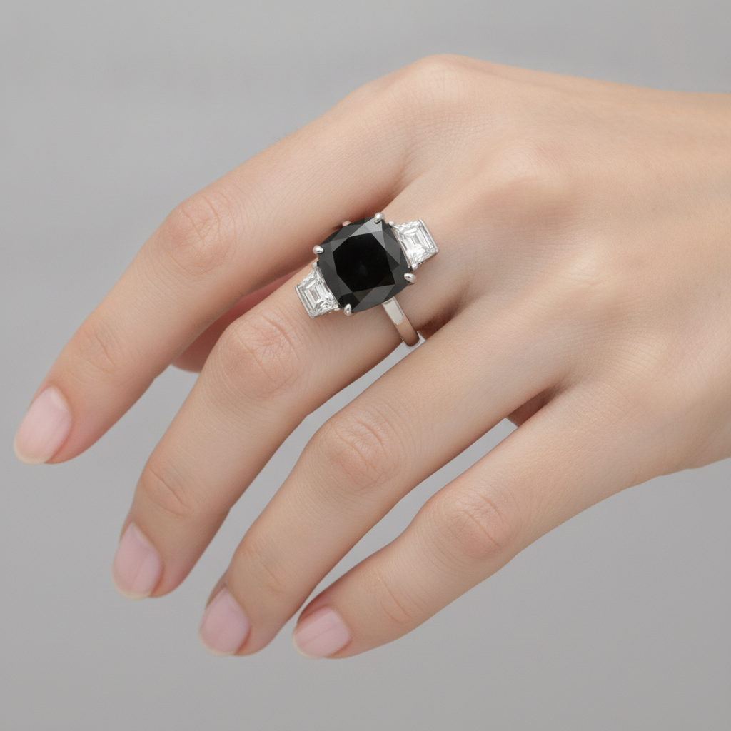 Dark Diamond Engagement Ring 4.6 Carat Real Cushion Black Trapezoid Three Stone 14K White Gold