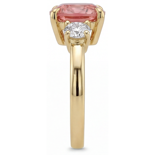 Padparadscha Sapphire Engagement Ring 4.6 Carat Lab Grown Cushion Three Stone 14K Yellow Gold