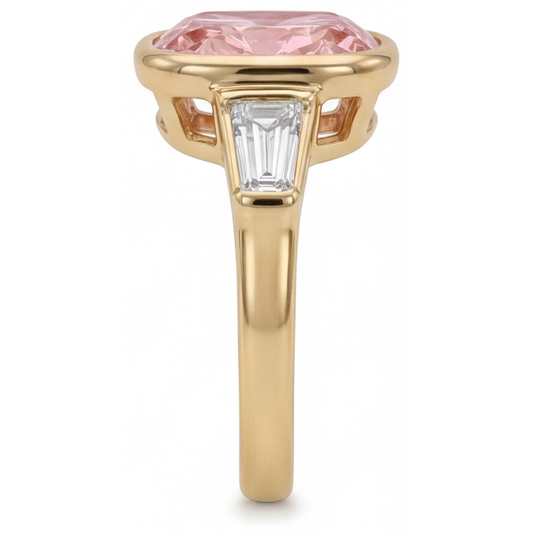 Peach Sapphire 3.9 Carat Natural Cushion Padparadscha and White Baguette Bezel Three Stone Ring 14K Yellow Gold
