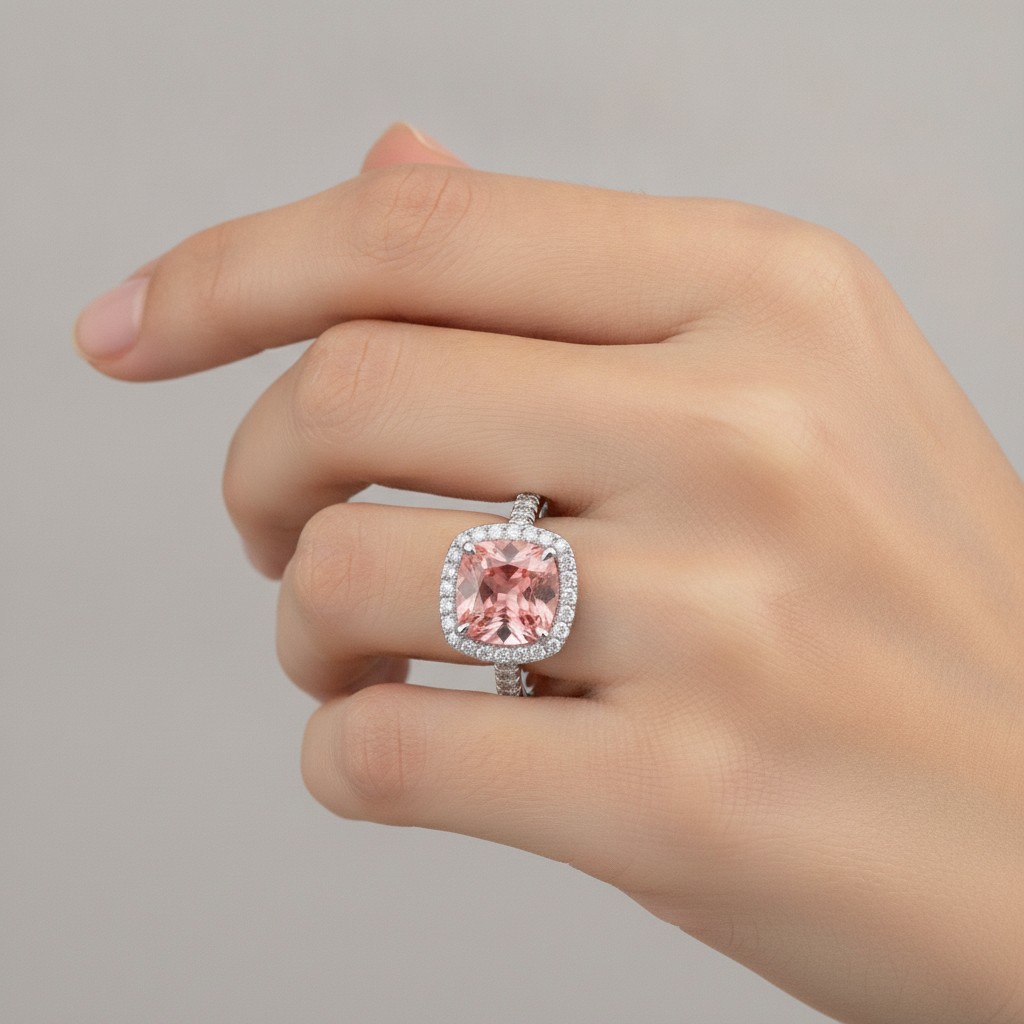 Vintage Padparadscha Sapphire Ring 2.8 Carat Real Cushion Halo Pave 14K White Gold