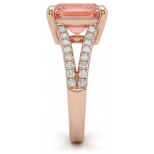 Peach Sapphire Engagement Ring 4.3 Carat Lab Grown Emerald Padparadscha Pave 14K Rose Gold