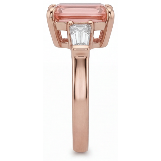 Peach Sapphire Ring 4.6 Carat Lab Grown Emerald Padparadscha and White Baguette Three Stone 14K Rose Gold