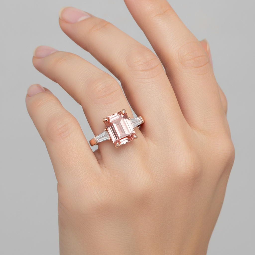 Peach Sapphire Ring 4.6 Carat Lab Grown Emerald Padparadscha and White Baguette Three Stone 14K Rose Gold