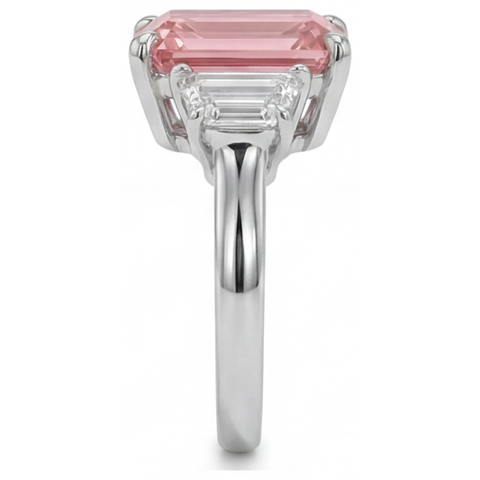 Peach Color Sapphire 4.6 Carat Lab Grown Emerald Padparadscha and White Trapezoid Three Stone Plain Ring 14K Gold
