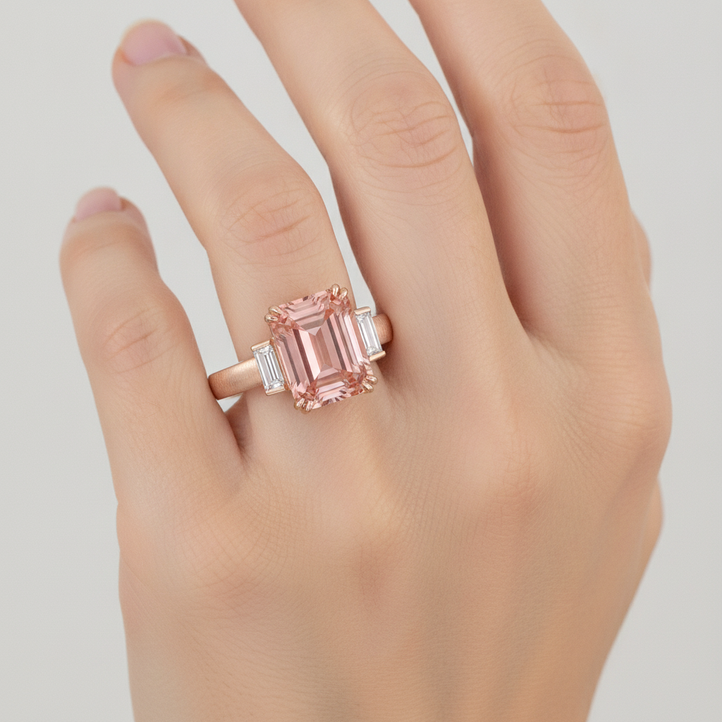 Orange Padparadscha Sapphire Ring 3.9 Carat Genuine Emerald and White Baguette Three Stone 14K Rose Gold
