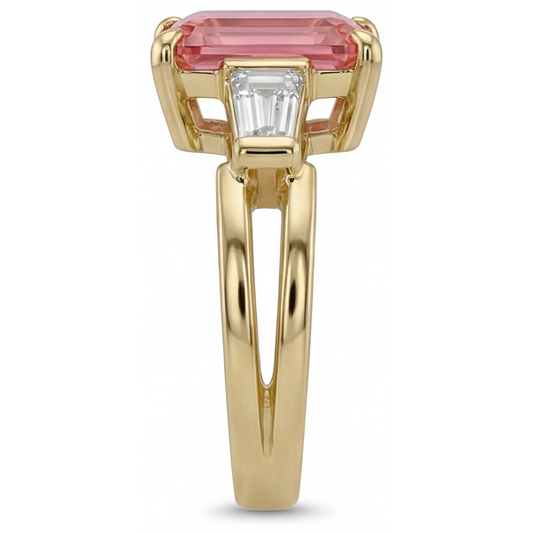 Peach Sapphire Ring 2.9 Carat Real Emerald Padparadscha and White Baguette Three Stone 14K Yellow Gold