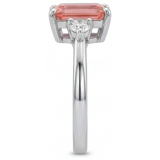 Emerald Cut Padparadscha Sapphire 2.9 Carat Genuine Three Stone Ring 14K White Gold