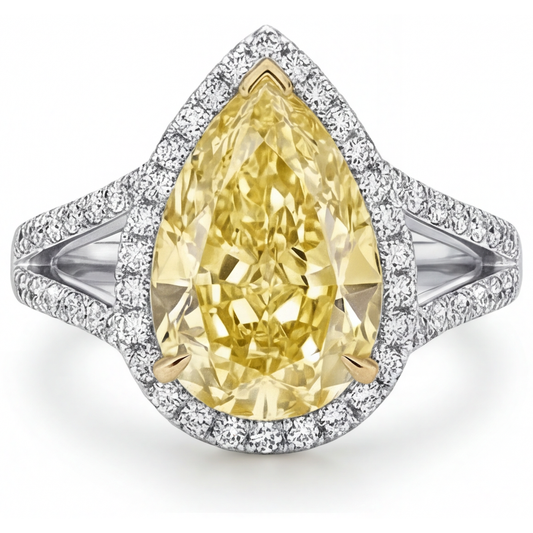 Authentic Fancy Yellow Diamond Halo Engagement Ring 3 ct Two-Tone 14K Gold – front view