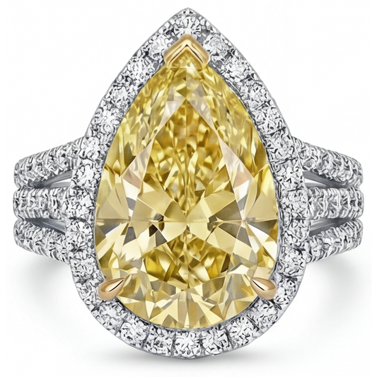 Pear Shape Fancy Yellow Diamond ring in Two-Tone 14K Gold – front view