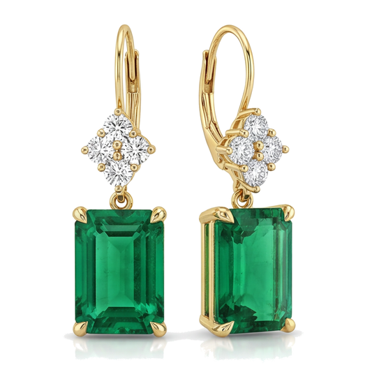 Green Emerald Earrings 4.5 Carat Lab Grown Emerald Cut Cluster Leverback 14K Yellow Gold