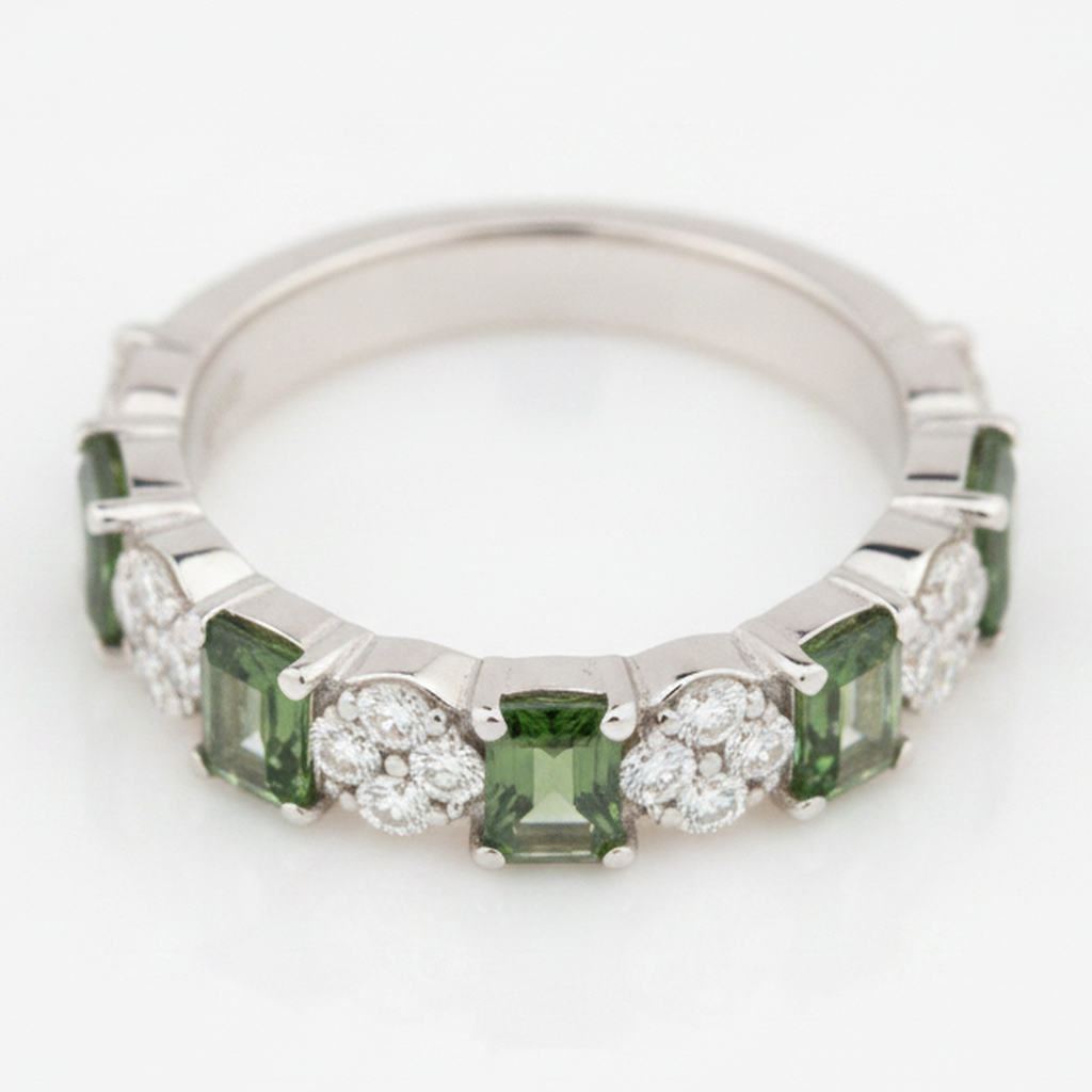 Green Stone Engagement Ring Natural Tourmaline Zigzag Band 18K White Gold