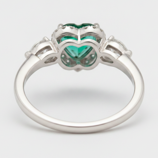 Emerald Ring 3.2 Carat Real Heart Green Halo Three Stone Platinum