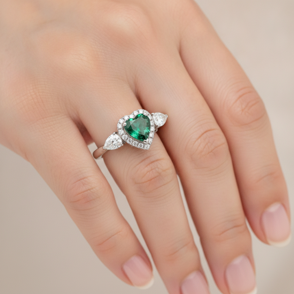 Emerald Ring 3.2 Carat Real Heart Green Halo Three Stone Platinum