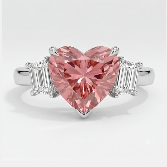 Padparadscha Sapphire Ring 3.6 Carat Natural Heart and White Baguette Three Stone Platinum