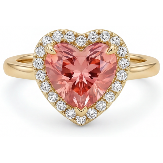 Padparadscha Sapphire Engagement Ring 2.8 Carat Real Heart Halo 14K Yellow Gold