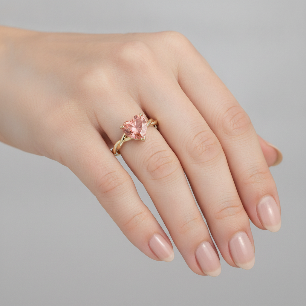 Peach Sapphire Engagement Ring 1.5 Carat Real Heart Padparadscha Twist Solitaire 14K Yellow Gold