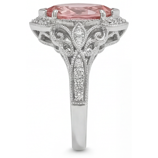 Peach Sapphire Engagement Ring 3.8 Carat Lab Grown Marquise Padparadscha Halo 14K White Gold
