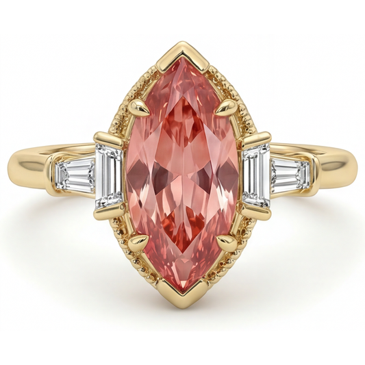 Peach Sapphire Engagement Ring 4.1 Carat Lab Grown Marquise Padparadscha and White Baguette Three Stone Cathedral 14K Yellow Gold