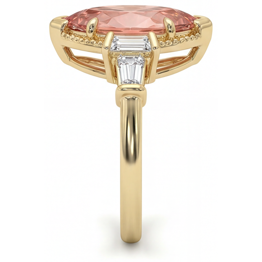 Padparadscha Sapphire Ring 4.1 Carat Lab Grown Marquise and White Baguette Three Stone Plain 14K Yellow Gold