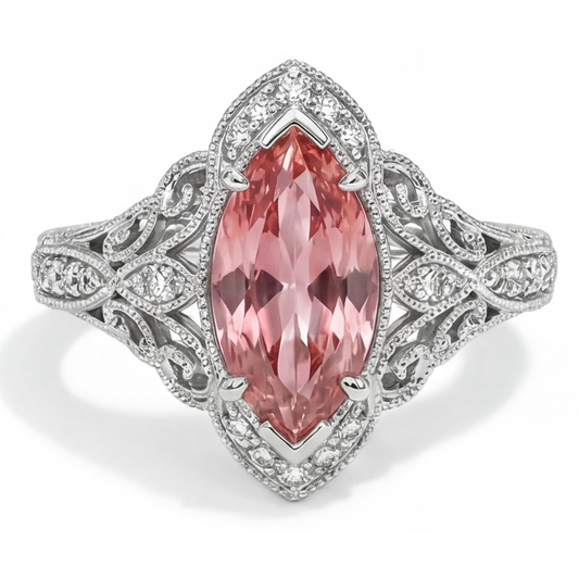 Peach Sapphire 3.8 Carat Lab Grown Marquise Padparadscha Halo Vintage Ring 14K White Gold