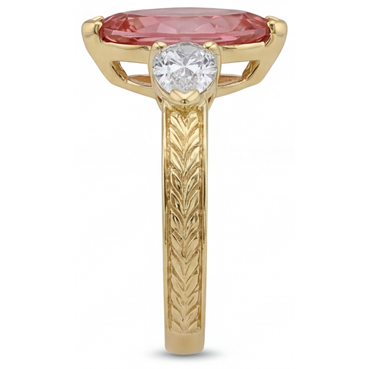Peach Color Sapphire 4.1 Carat Lab Grown Marquise Padparadscha Three Stone Ring 14K Yellow Gold