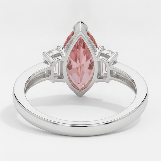 Peach Sapphire 3.1 Carat Genuine Marquise Padparadscha and White Baguette Three Stone Ring Platinum