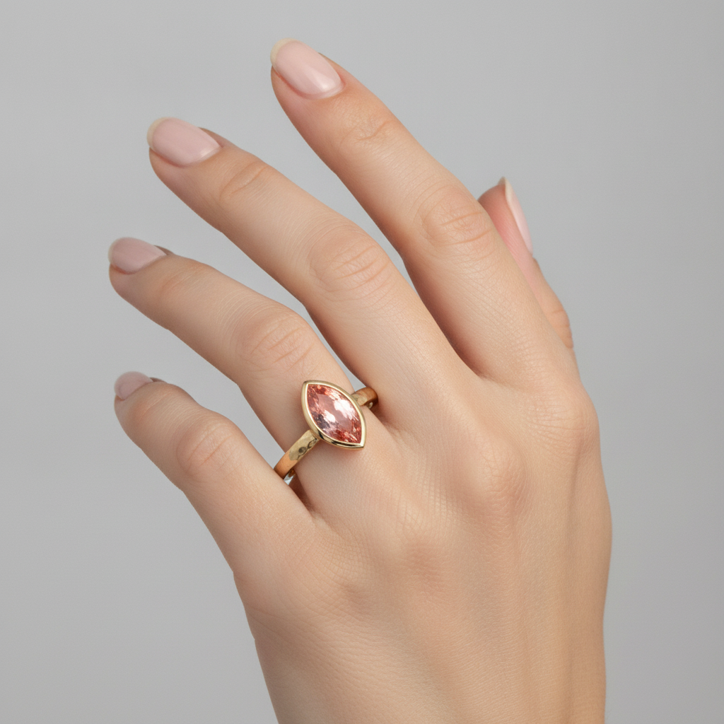 Peach Sapphire Engagement Ring 2 Carat Natural Marquise Padparadscha Bezel Solitaire 14K Yellow Gold