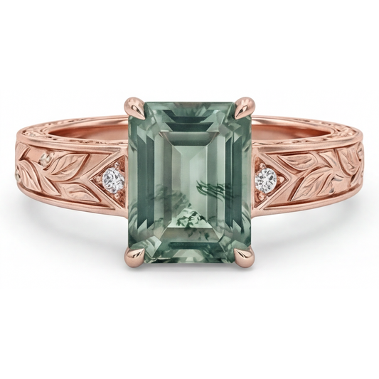 Authentic Moss Agate Gemstone Ring 2 ct 14K Rose Gold – main view