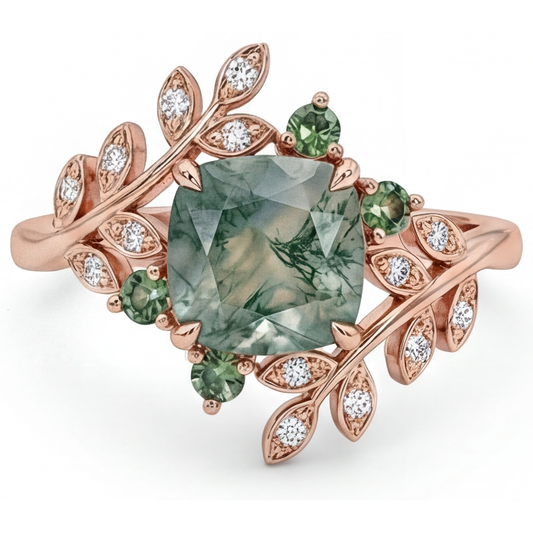 Moss Agate Precious Stone Ring 3.0-ct 14K Rose Gold – front view