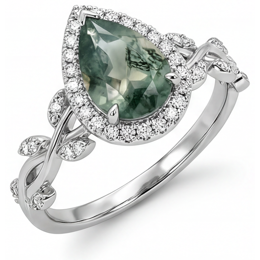 Moss Agate Pear Shape Precious Stone Ring in 14 Karat White Gold – main view