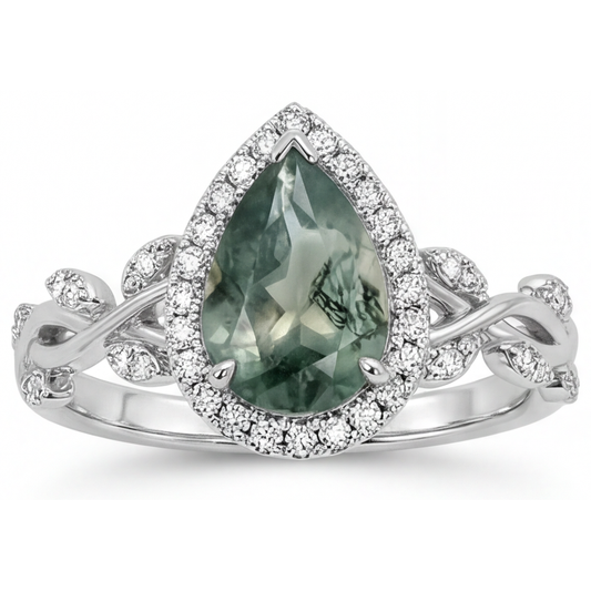 Custom Moss Agate Precious Stone Ring 3 ct – front view